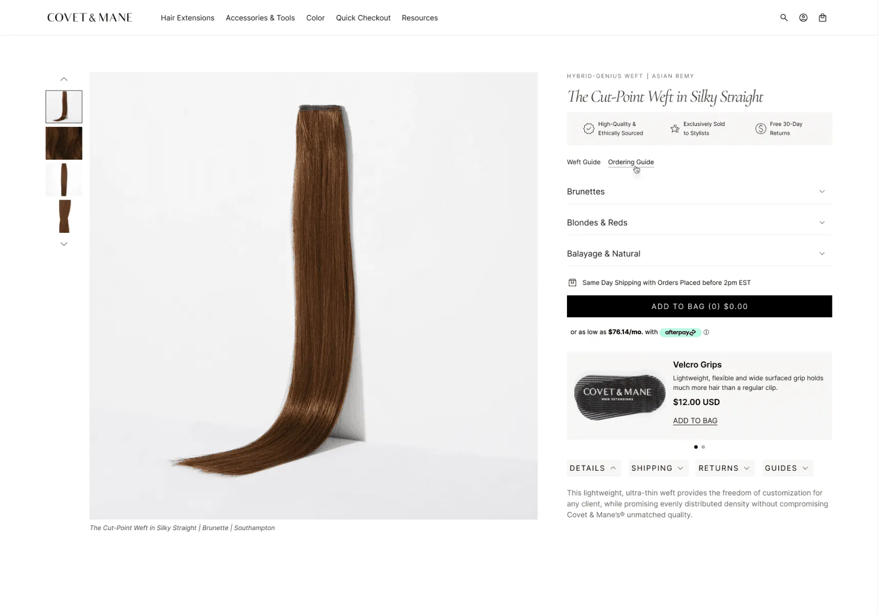 Covet & Mane product detail page for a hair extension weft