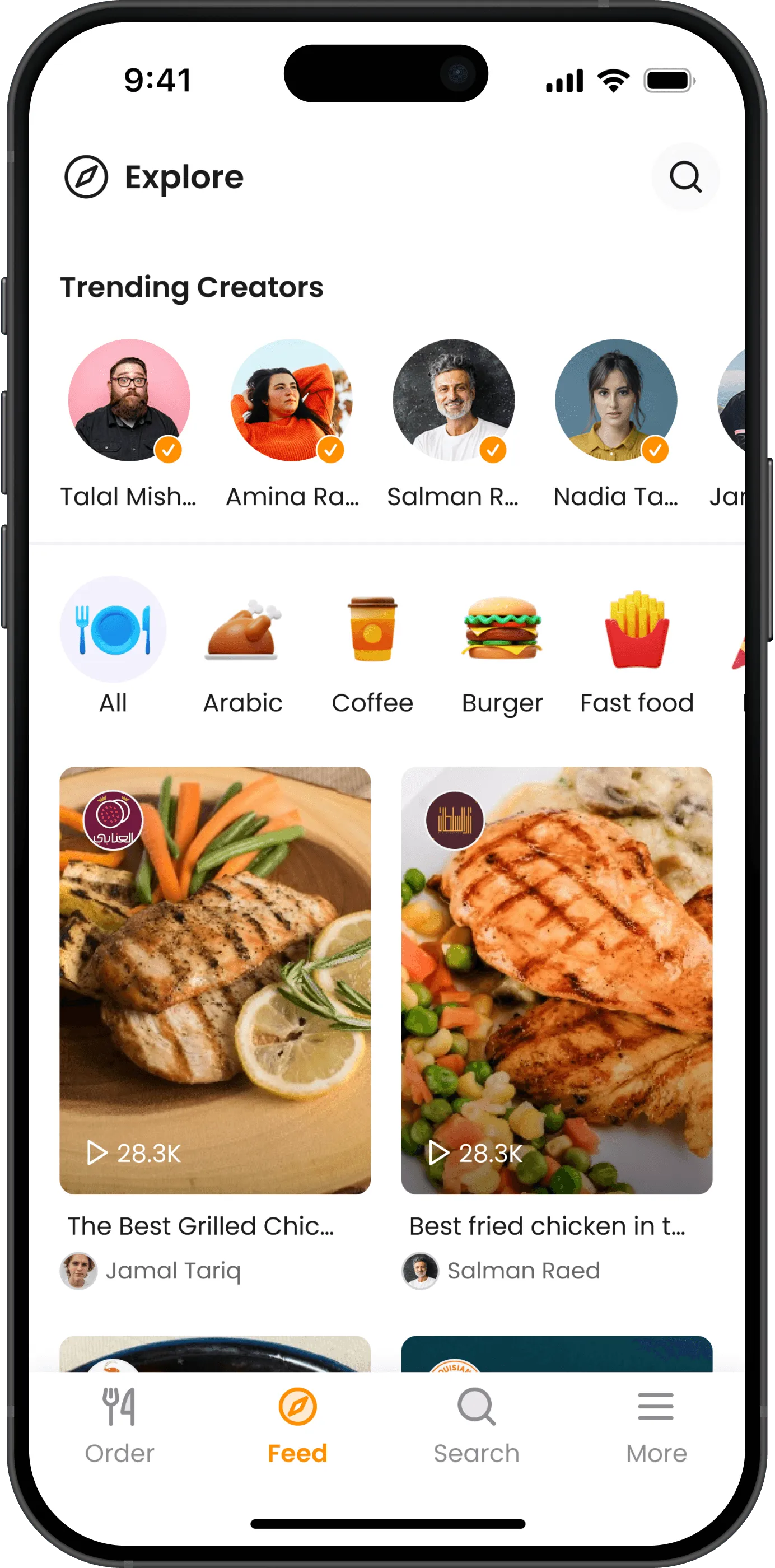 Explore tab with trending creators and cuisine filters