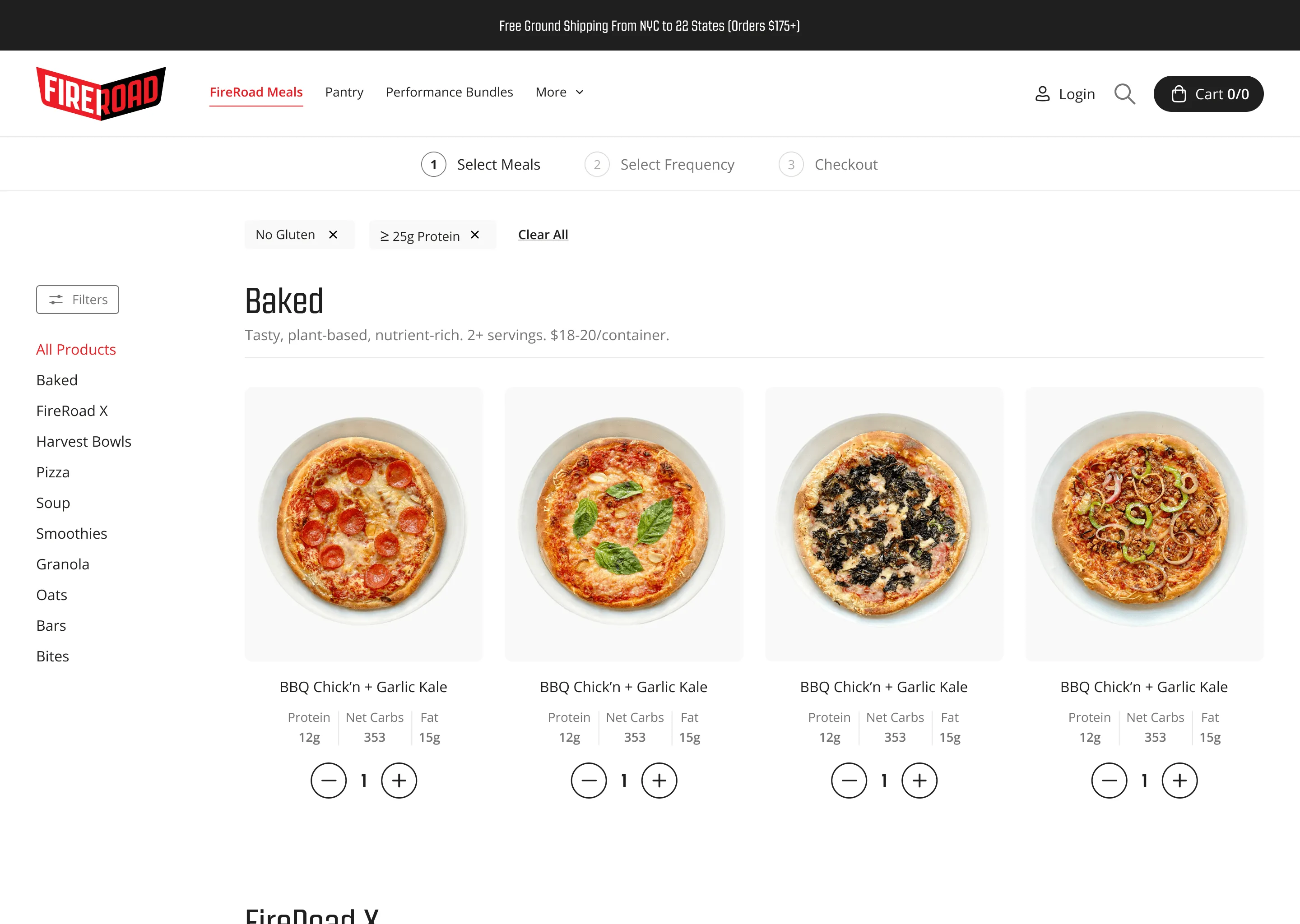 FireRoad website showing plant-based meal products