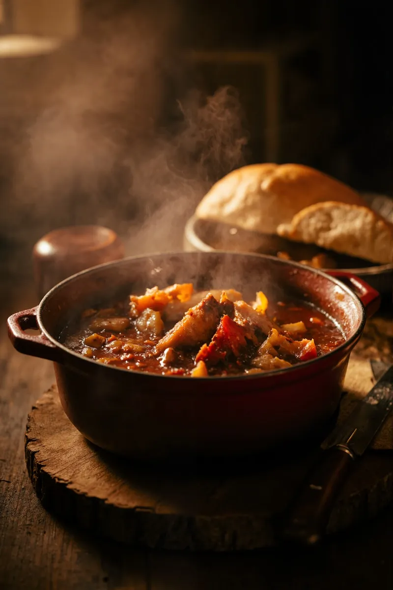Steaming stew in a cast iron pot