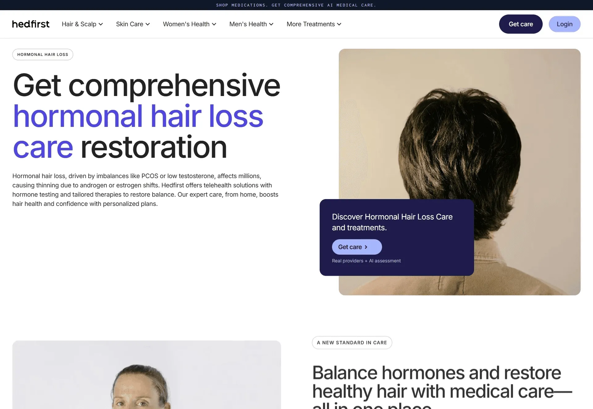 Hedfirst landing page for hormonal hair loss care