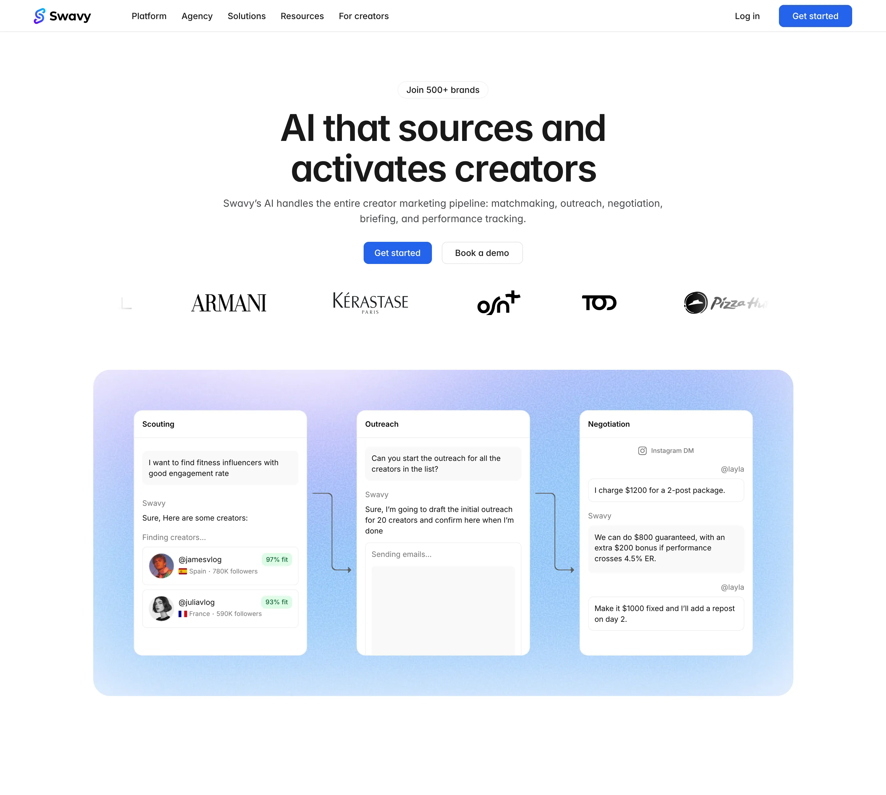 Swavy home page: AI that sources and activates creators, with brand logos and the scouting, outreach and negotiation cards