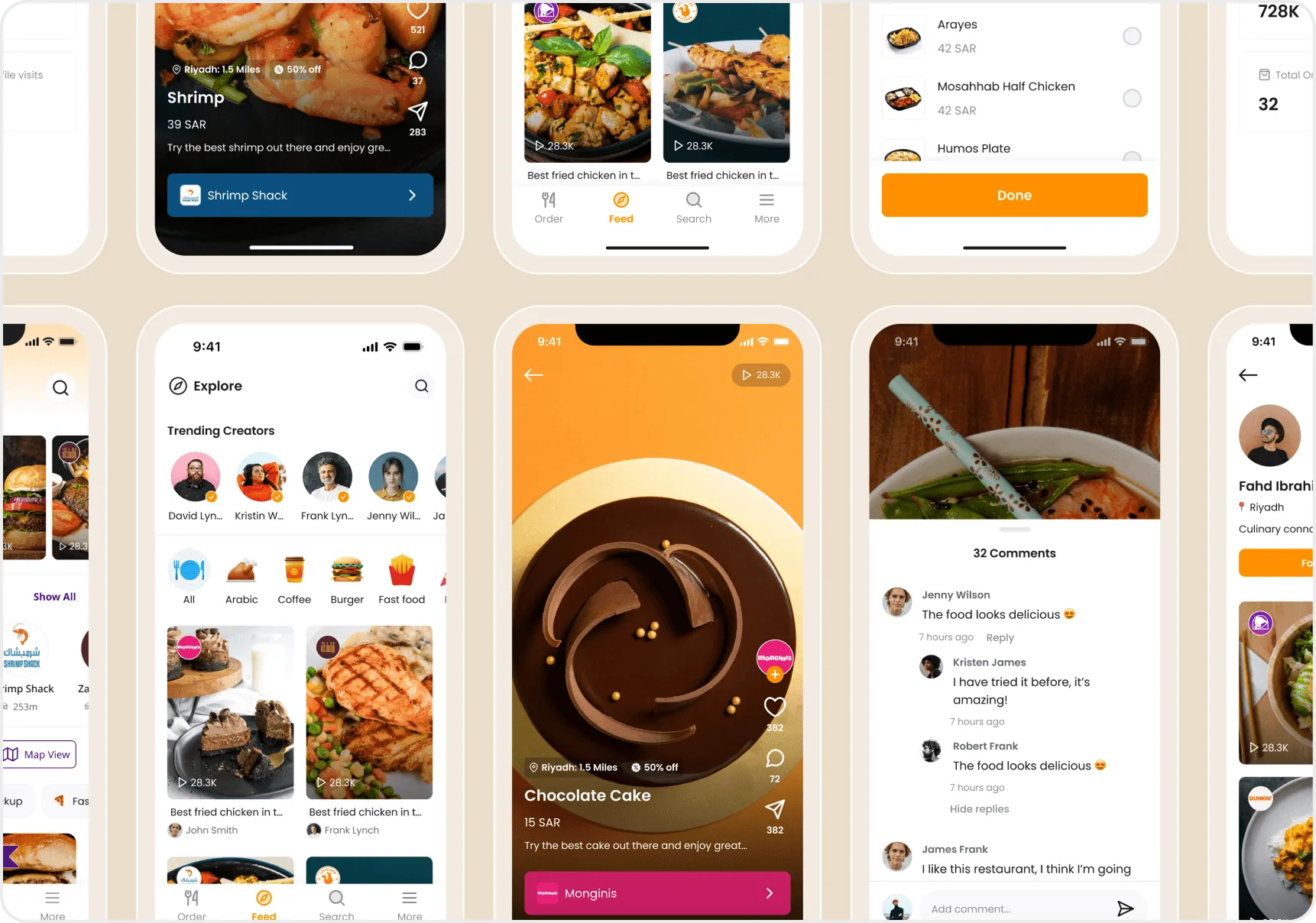 Grid of Koinz Social app screens showing food reels and the social feed