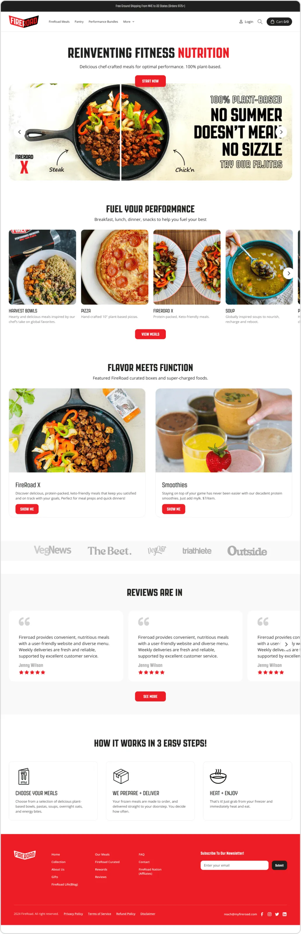 FireRoad landing page: Reinventing fitness nutrition, with chef-crafted plant-based meals