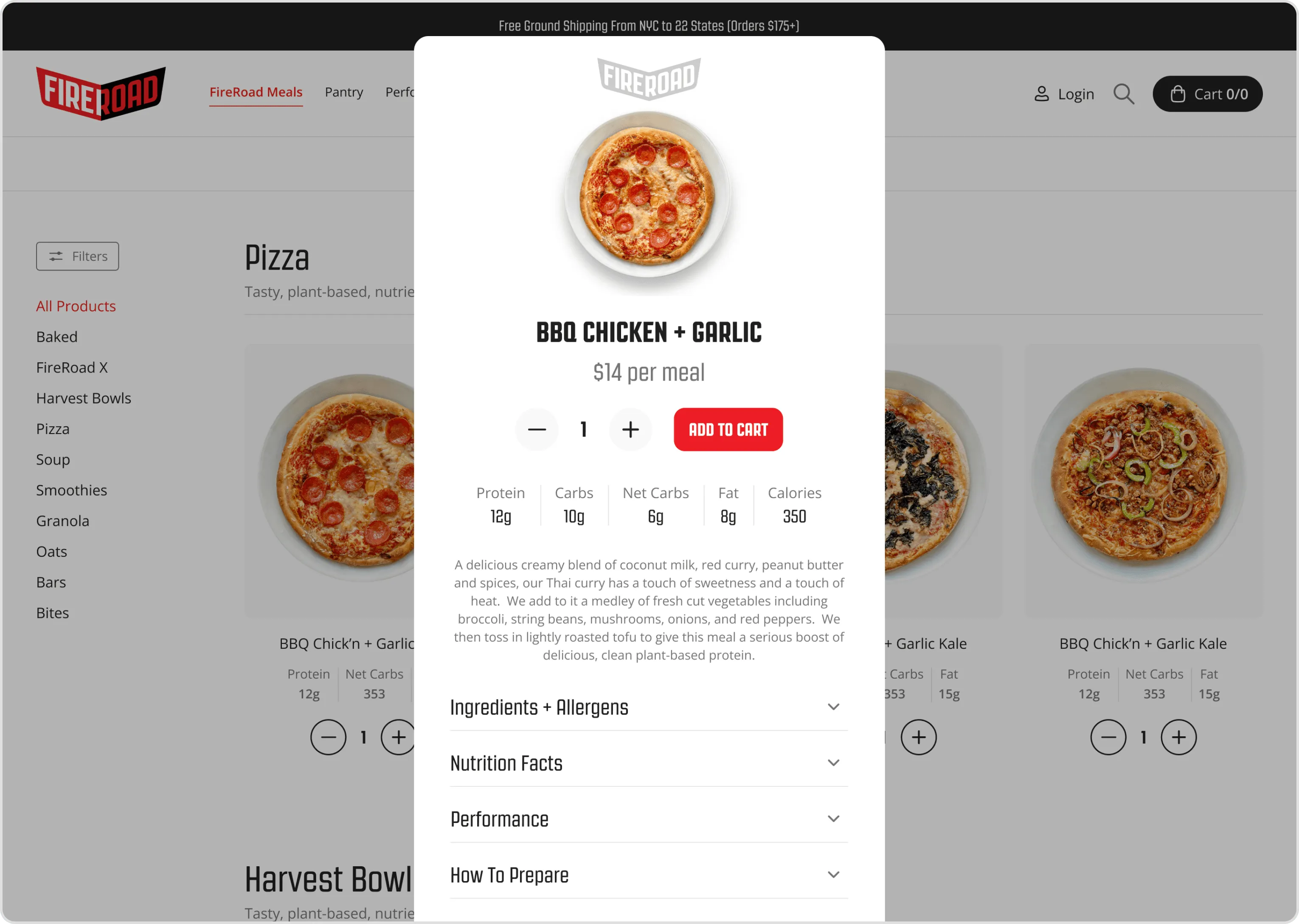 BBQ Chicken and Garlic pizza details with nutrition facts and add to cart