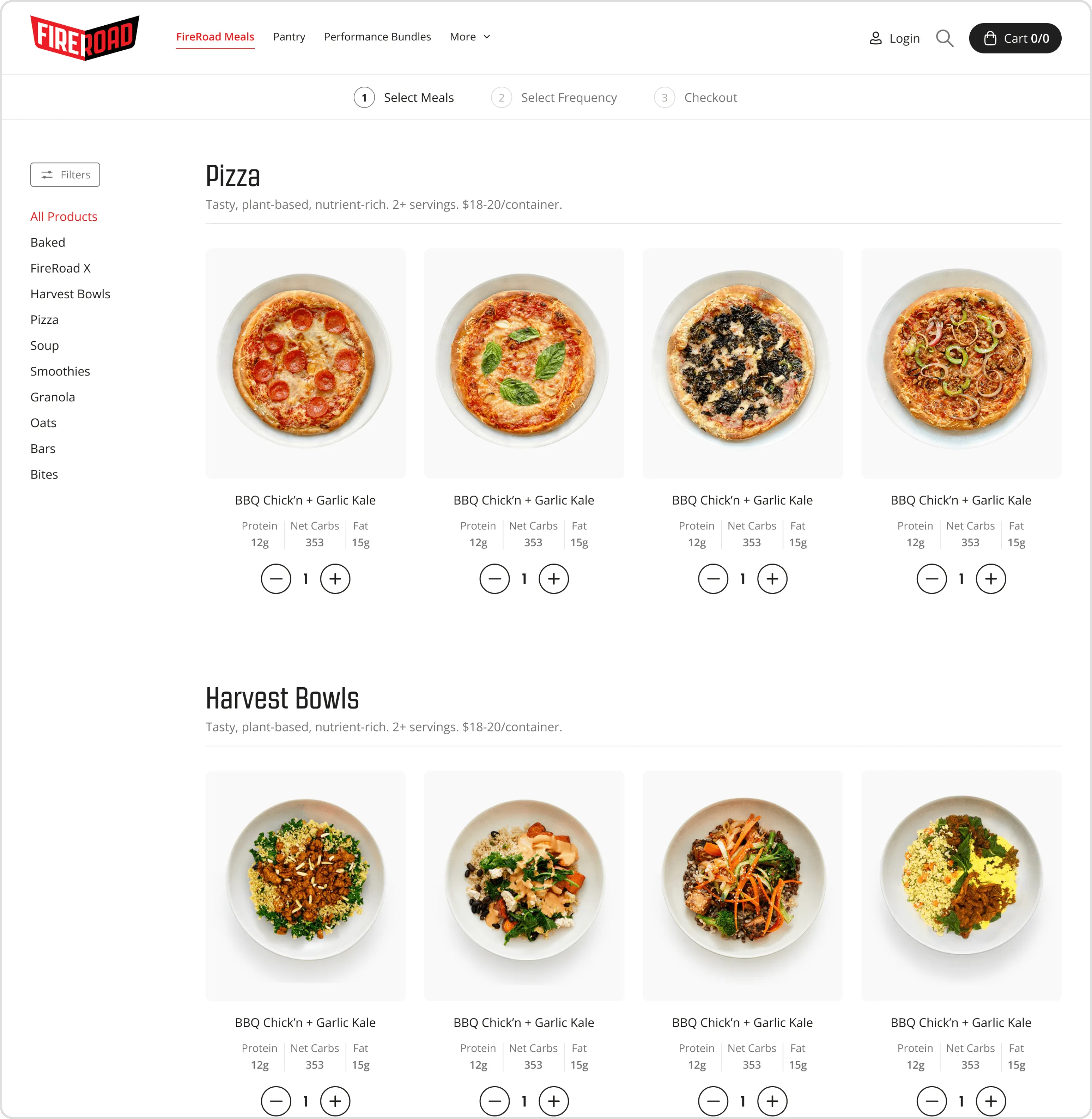 Pizza and harvest bowl meals with protein, carbs and fat