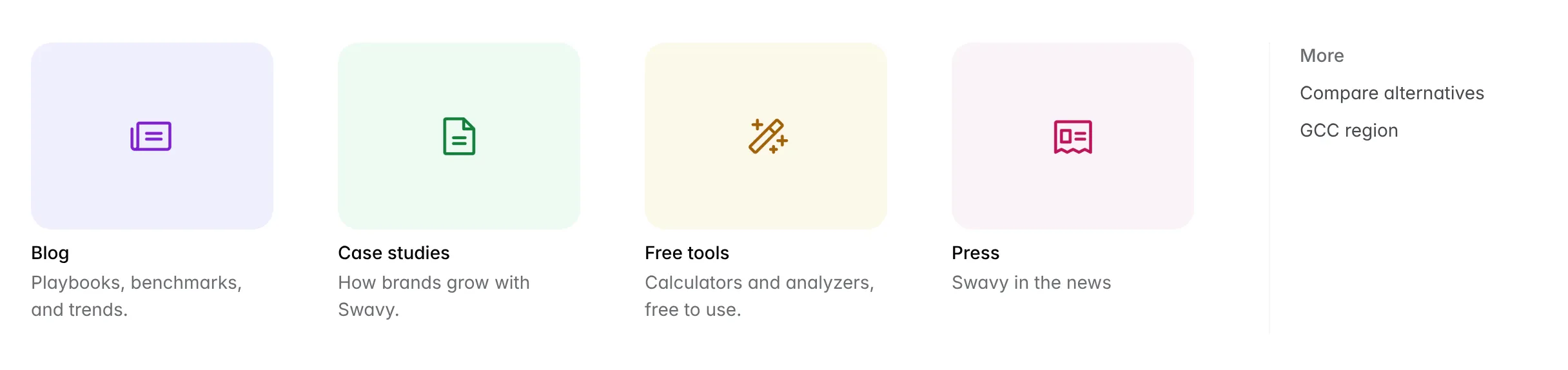 Resources mega menu with color-coded cards for blog, case studies, free tools and press