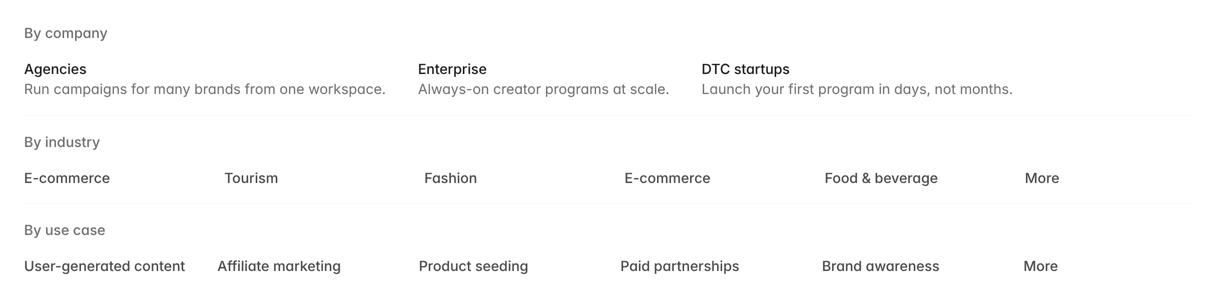 Solutions mega menu grouped by company type, industry and use case