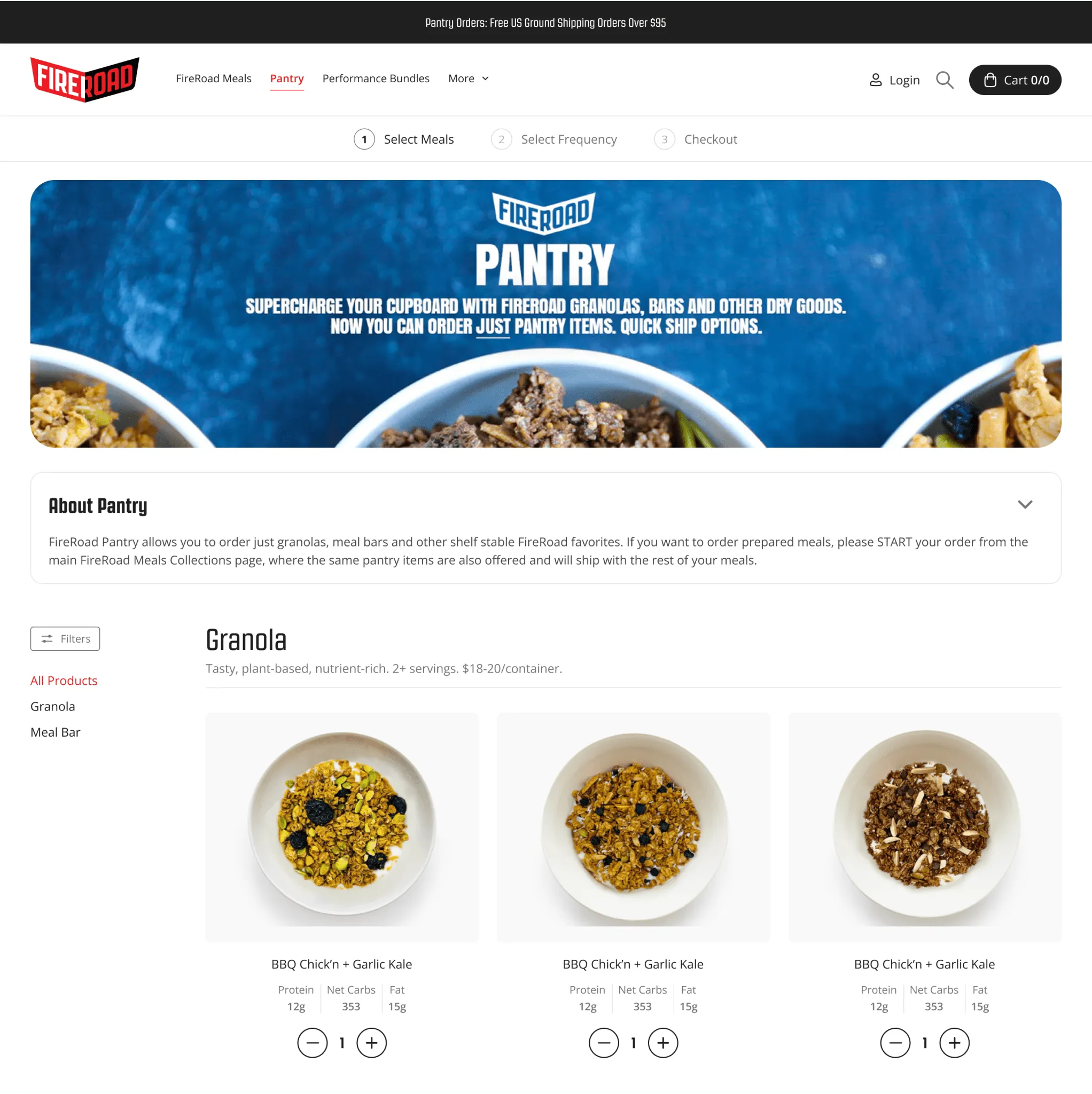 Pantry page with banner and granola products
