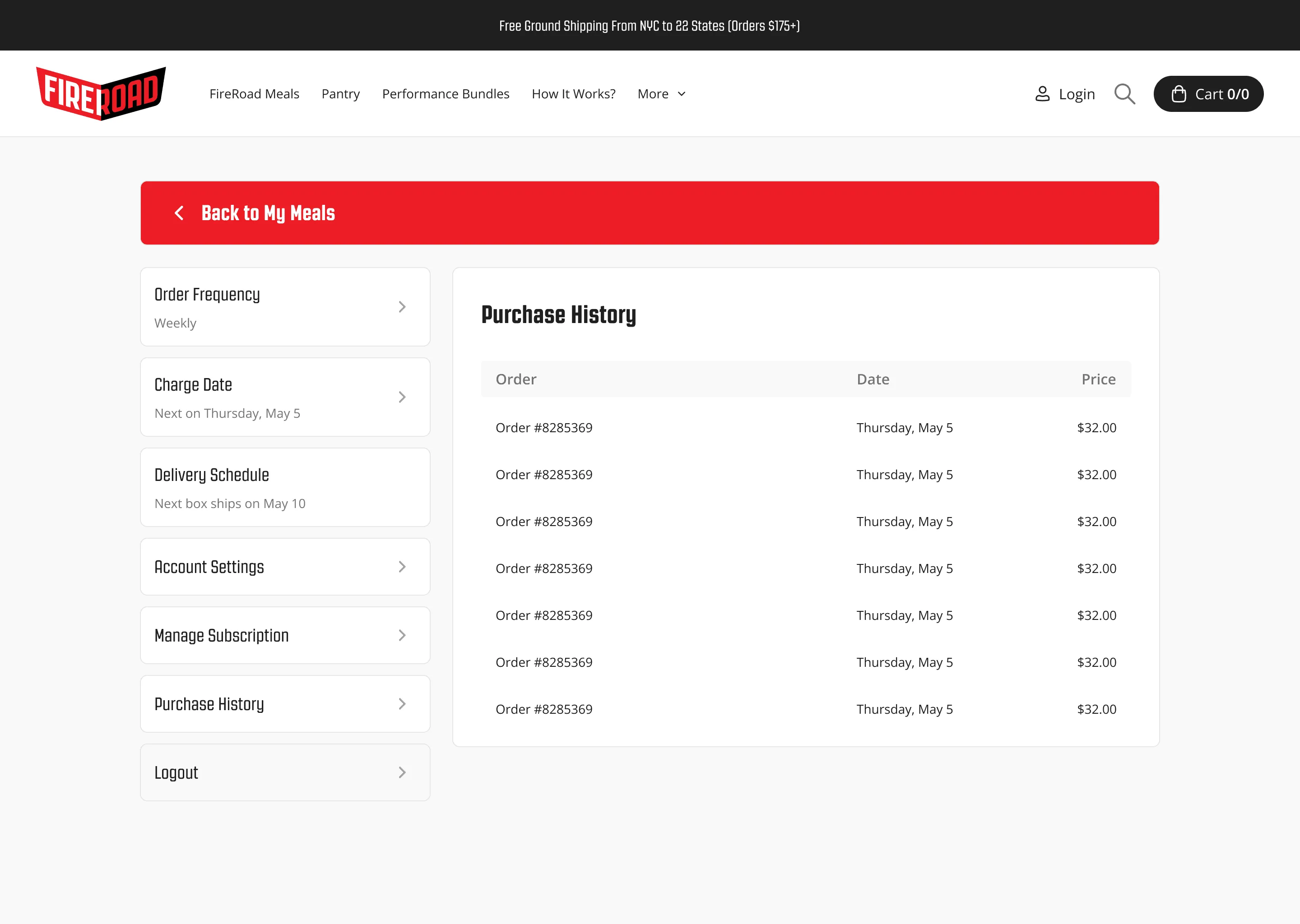 Portal purchase history list