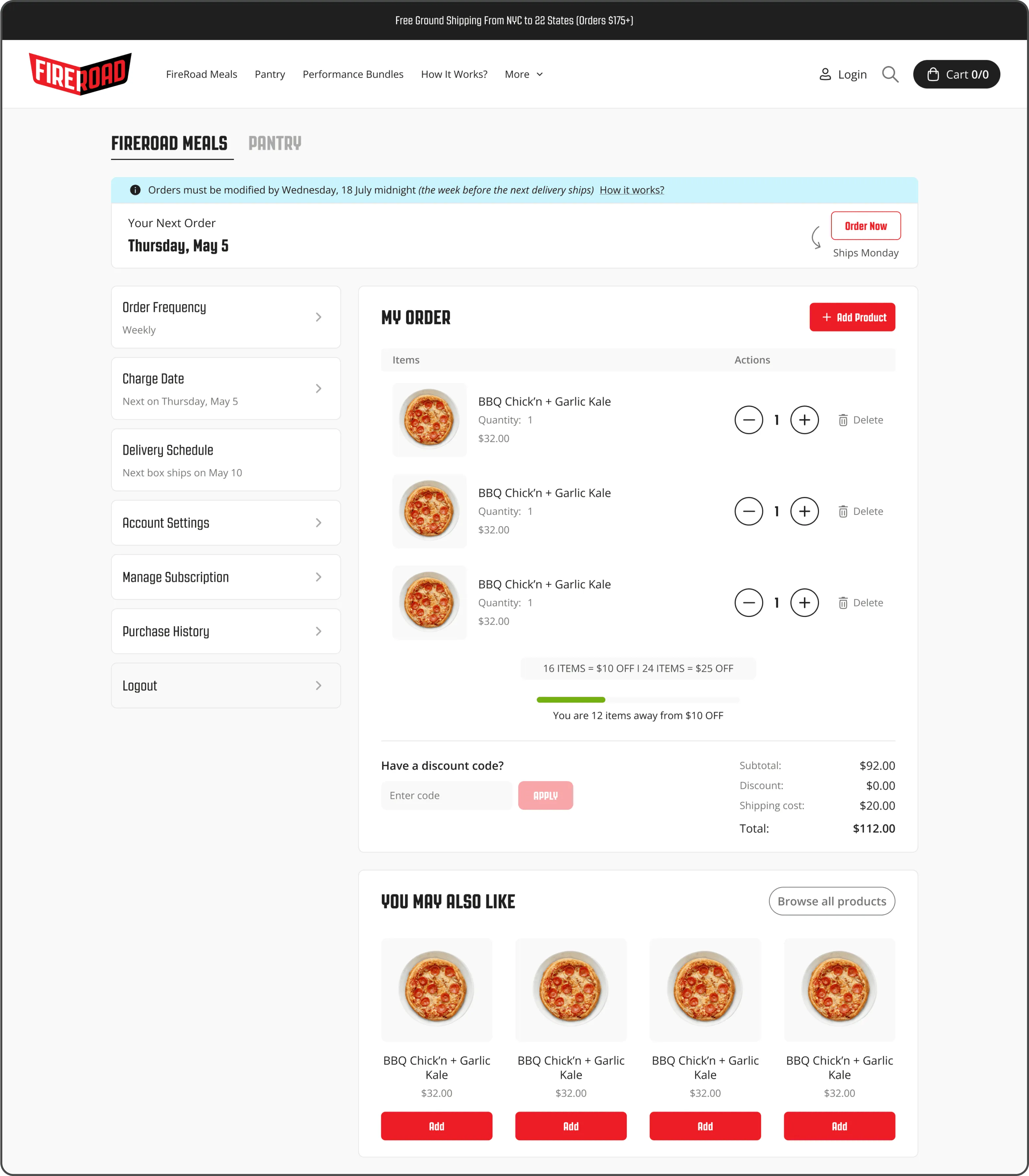 Customer portal with next order date, order items and recommended meals