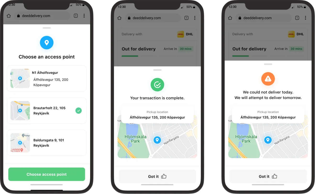 Access points, transaction complete, delivery outcomes