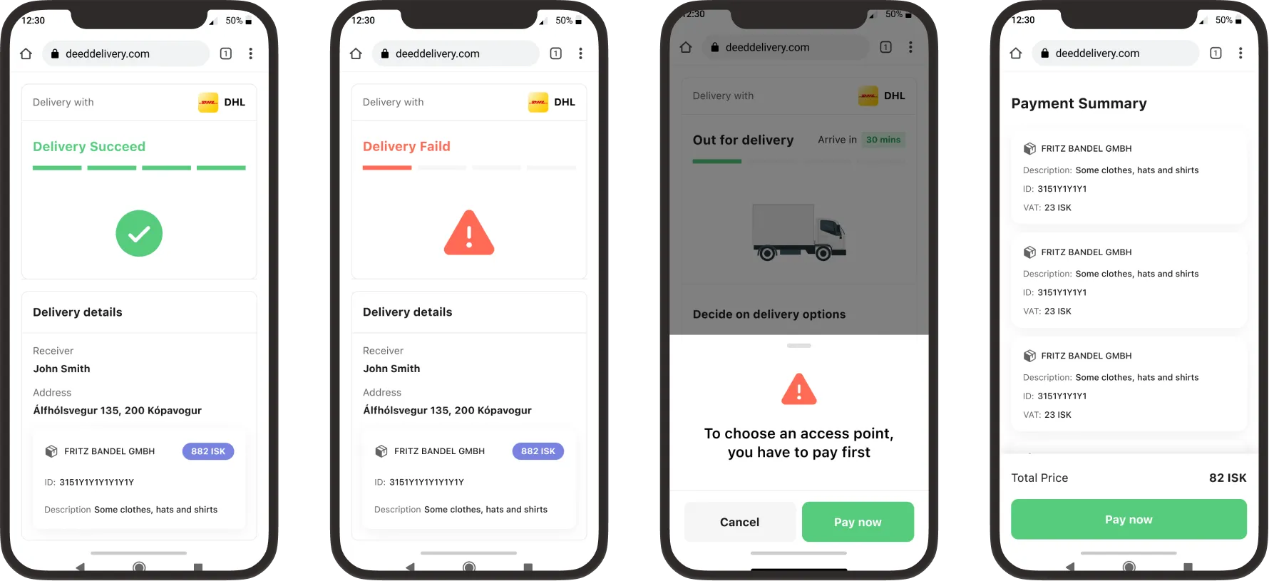 Delivery states: succeeded, failed, out for delivery, payment