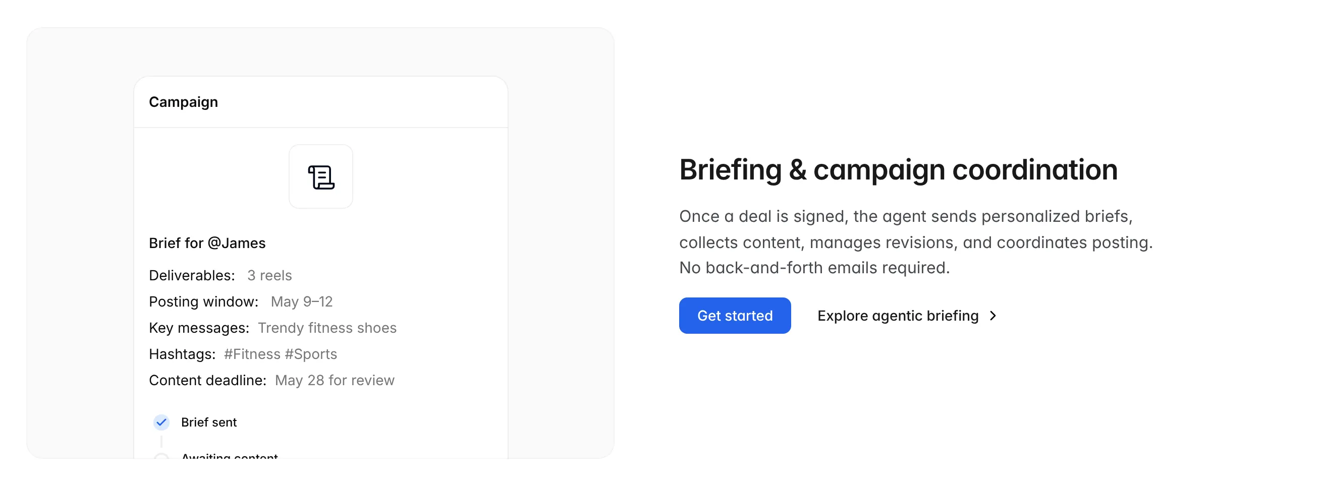 Briefing and campaign coordination row with a campaign brief card