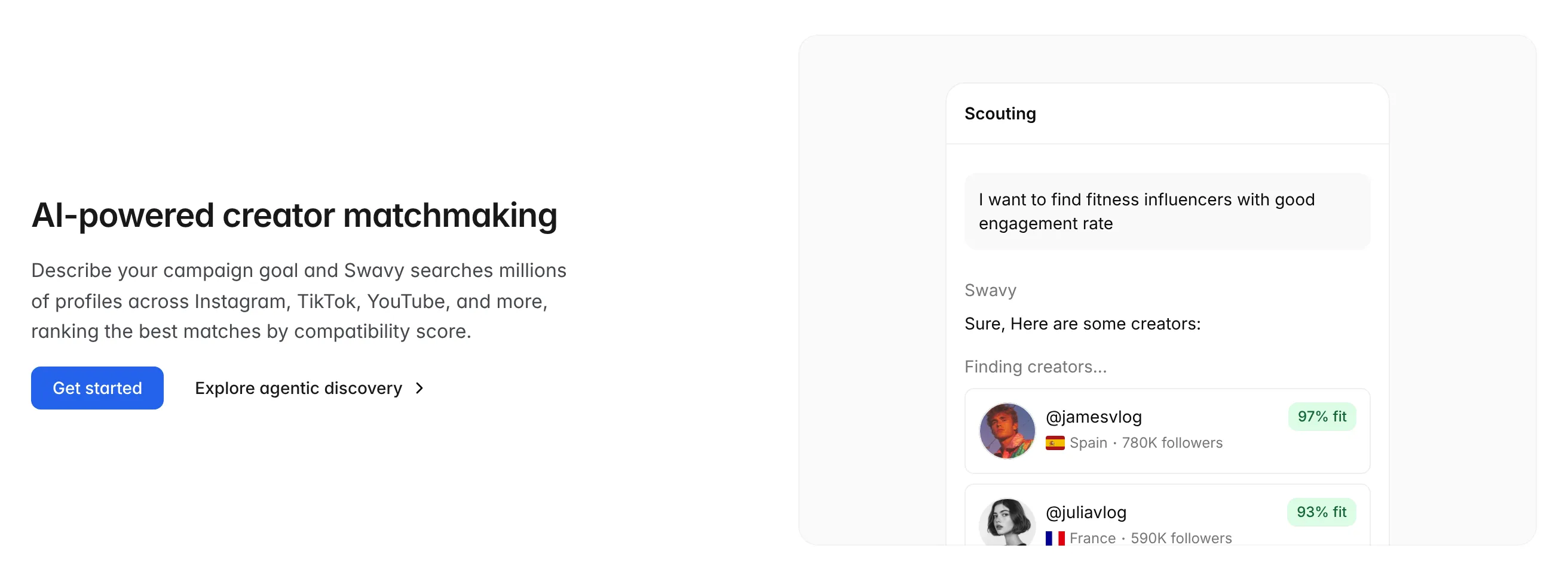 AI-powered creator matchmaking row with a scouting chat card