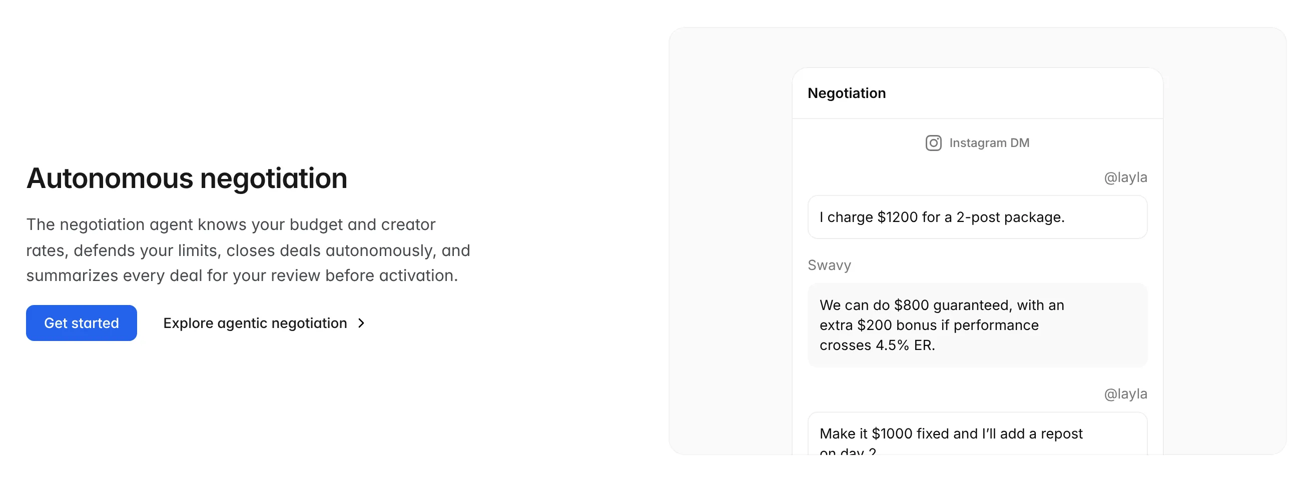 Autonomous negotiation row with an Instagram DM negotiation card