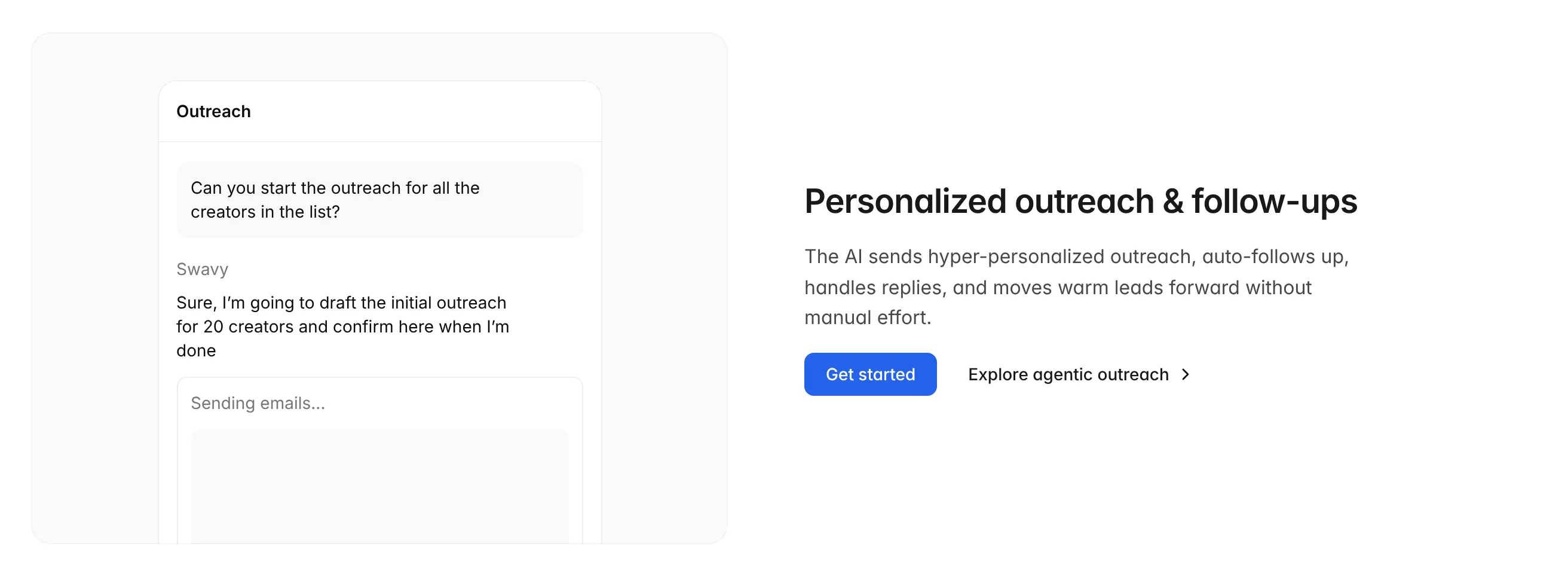 Personalized outreach and follow-ups row with an outreach chat card