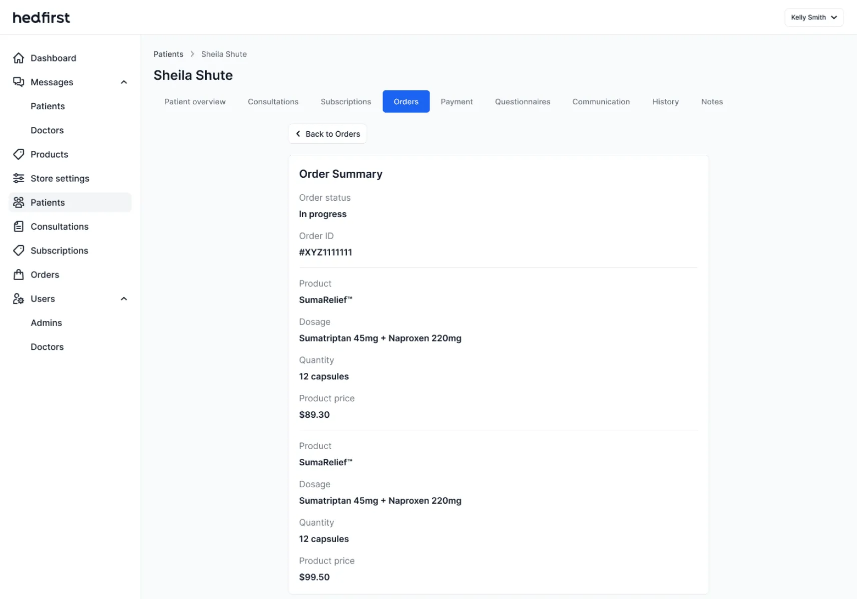 Teligant admin dashboard showing a patient order summary